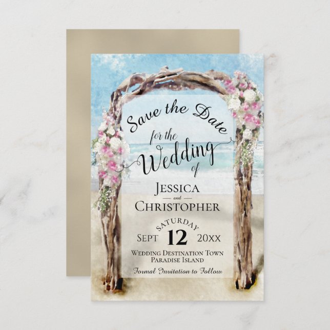 Pink Floral Rustic Driftwood Beach Arbor Wedding Save The Date (Front/Back)