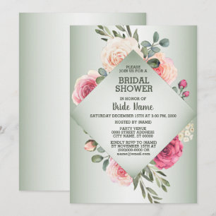 Pink Floral Rustic Geometric Green Bridal Shower Invitation