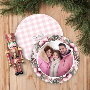 Pink Floral Rustic Gingham Plaid Holiday Photo Card