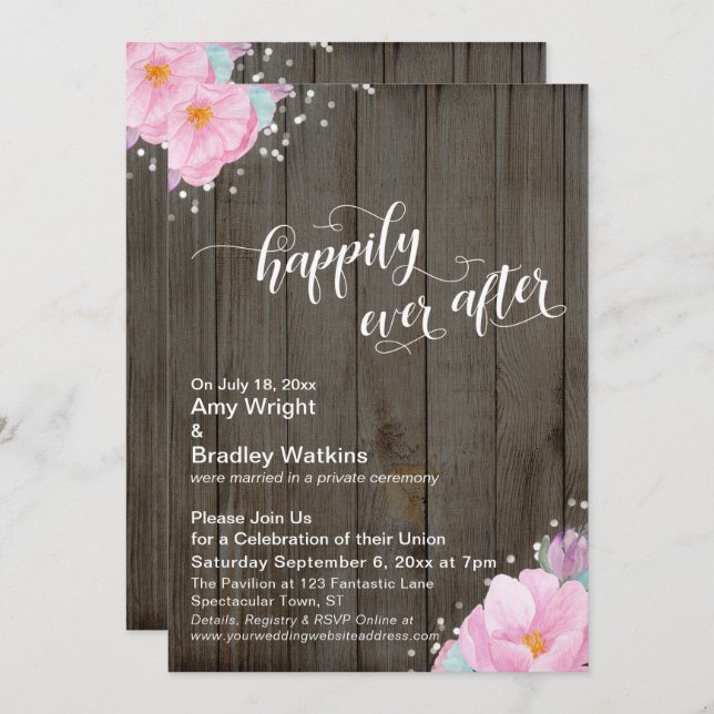 Pink Floral Rustic Happily Ever After Reception Invitation (Front/Back)