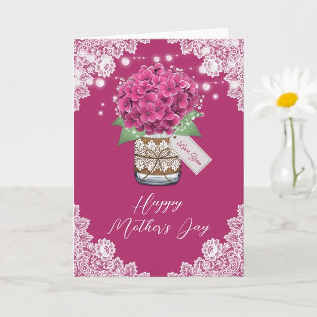 Pink Floral Rustic Lace Hydrangea Mother's Day Card (Small Plant)