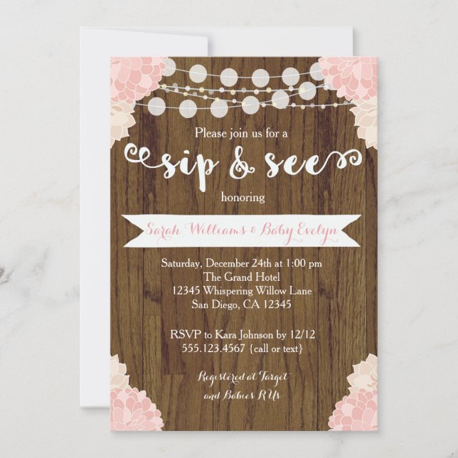 Pink Floral Rustic Sip and See Invitation (Front)
