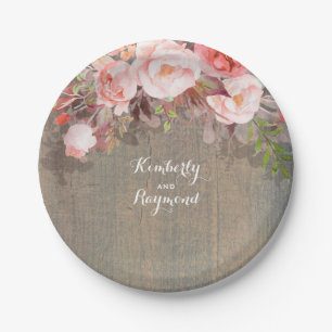 Pink Floral Rustic Wood Country Wedding Paper Plate