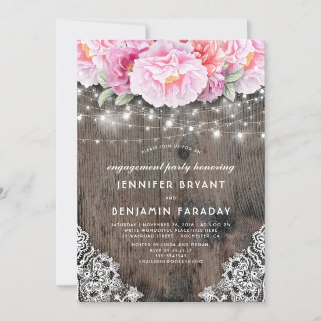 Pink Floral Rustic Wood Lace Engagement Party Invitation (Front)