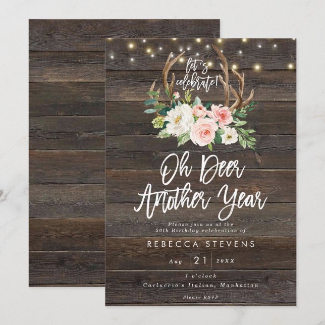 pink floral rustic wood lights birthday party invitation (Front/Back)