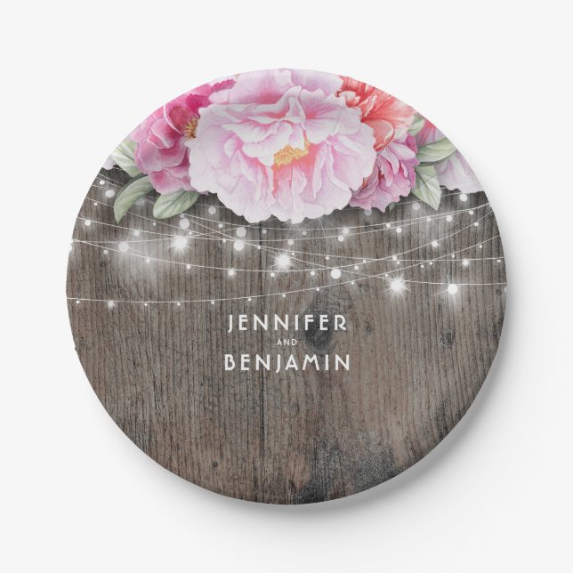 Pink Floral Rustic Wood Lights Wedding Paper Plate (Front)