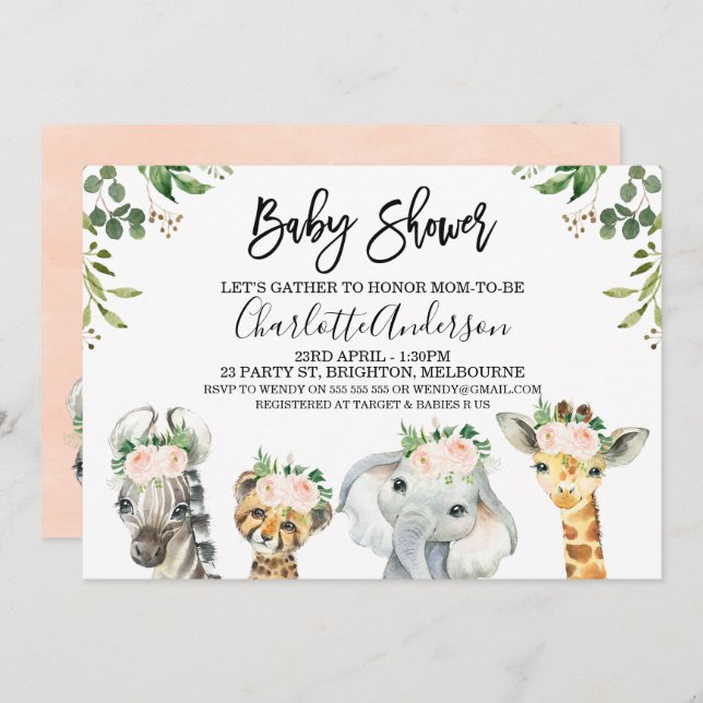 Pink  Floral Safari Animals Baby Shower Invitation (Front/Back)