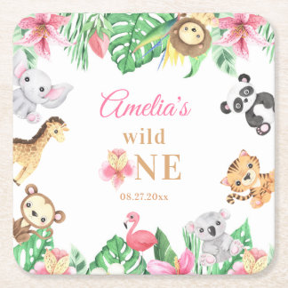 Pink Floral Safari Animals Birthday Square Paper Coaster
