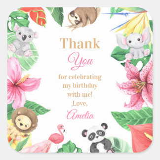 Pink Floral Safari Animals Birthday Thank You Square Sticker