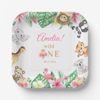 Pink Floral Safari Animals Girl Birthday Paper Plate