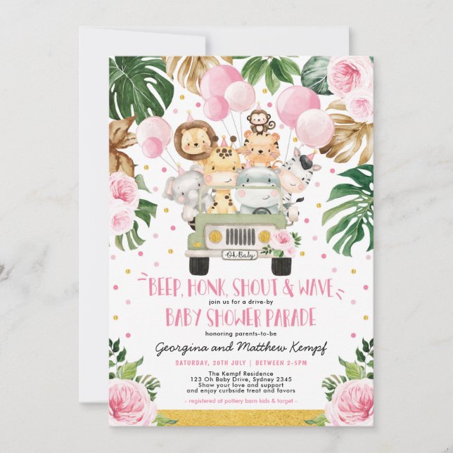 Pink Floral Safari Drive By Baby Shower Parade Invitation (Front)