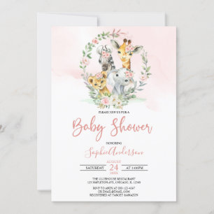 Pink Floral Safari Jungle  Animals Baby Shower Invitation