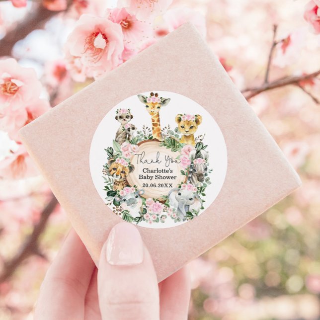 Pink Floral Safari Jungle Wild Animals Baby Shower Classic Round Sticker (Creator Uploaded)