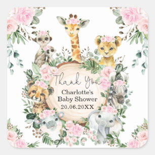 Pink Floral Safari Wild Animals Girls Party Favour Square Sticker