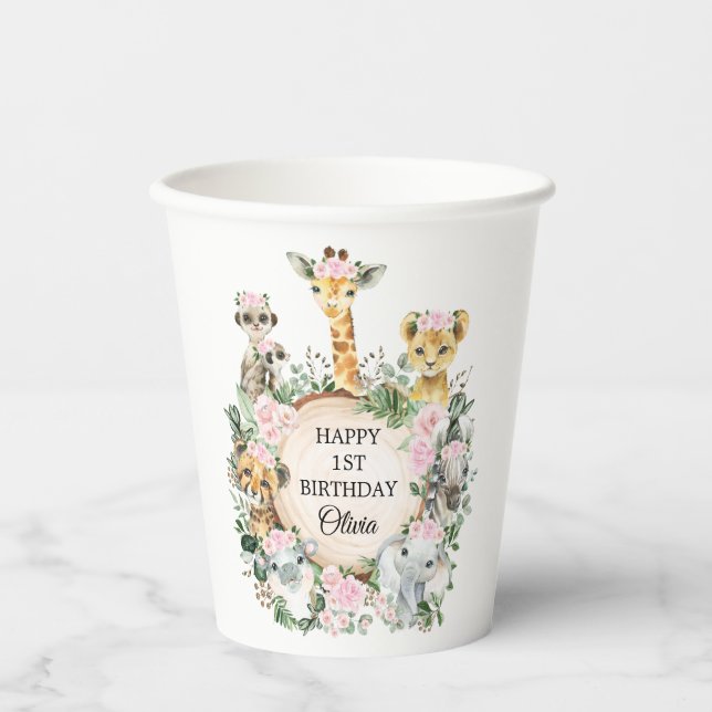 Pink Floral Safari Wild Animals Happy Birthday Paper Cups (Front)