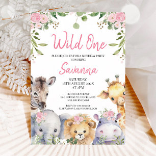 Pink Floral Safari Wild One 1st Birthday Invitation