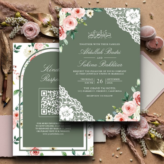 Pink Floral Sage Green Lace QR Code Muslim Wedding Invitation (Creator Uploaded)