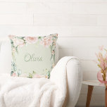 Pink Floral Sage Green Watercolor Name Baby Girl Cushion<br><div class="desc">Pretty sage green pink floral watercolor throw pillow for the pretty baby girl in your life.  Perfect baby shower gift for the new baby girl.  This is such an elegant pattern for a girls nursery or bedroom.  So dainty and girly.</div>