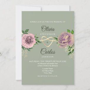 Pink Floral Sage Green Wedding Invitation