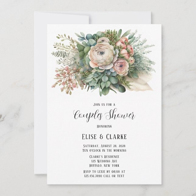 Pink Floral Sage Greenery Couples Shower Invitation (Front)