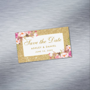 Pink Floral Save The Date Gold Glitter Mini Magnet