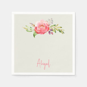 Pink Floral Script Name Baby Shower Napkin