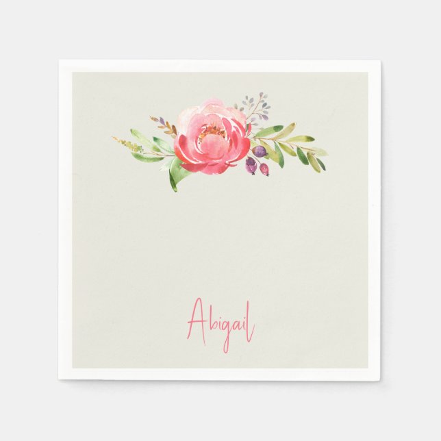 Pink Floral Script Name  Baby Shower  Napkin (Front)