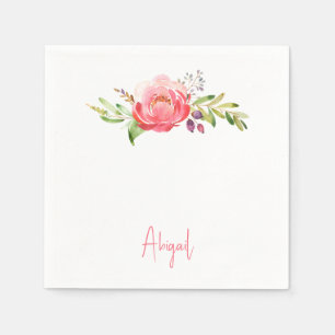 Pink Floral Script Name Baby Shower White Napkin