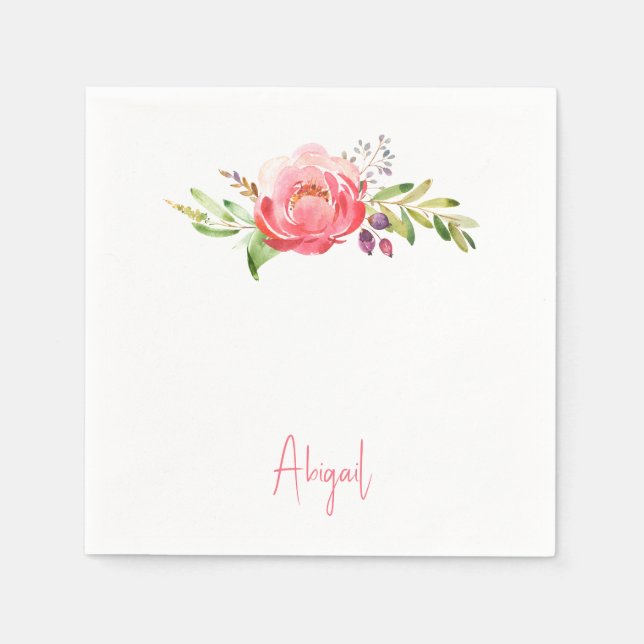 Pink Floral Script Name  Baby Shower White Napkin (Front)