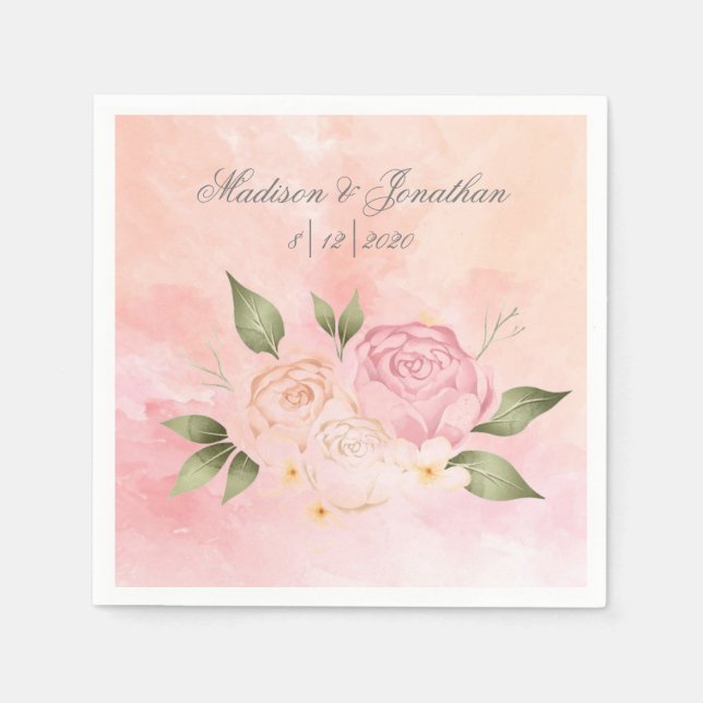 Pink Floral Script Watercolor Napkin (Front)