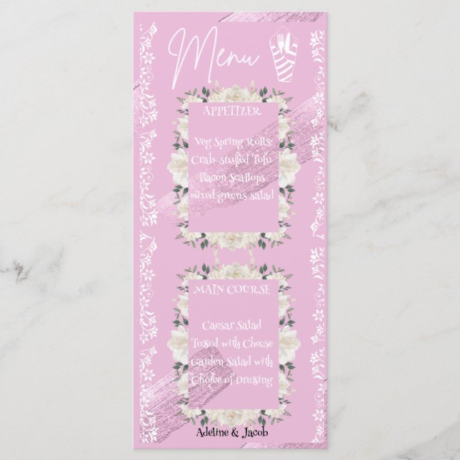 Pink floral script wedding menu card (Front)