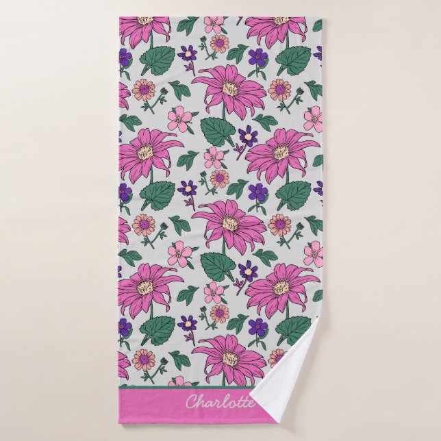 Pink floral seamless pattern personalised name  bath towel (Bath Towel)