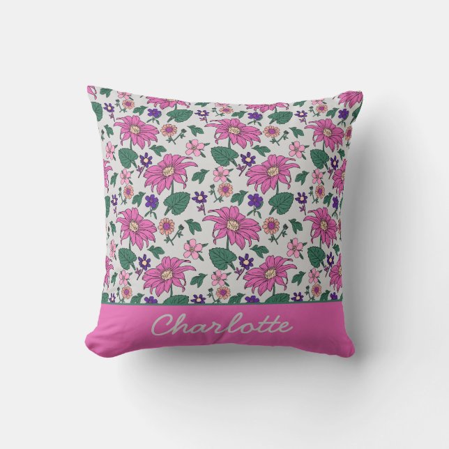 Pink floral seamless pattern personalised name  cushion (Front)