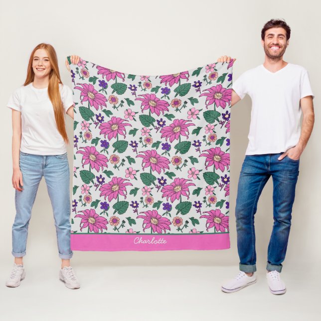 Pink floral seamless pattern personalised name fleece blanket (In Situ)