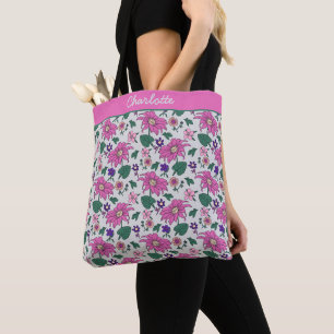 Pink floral seamless pattern personalised name tote bag