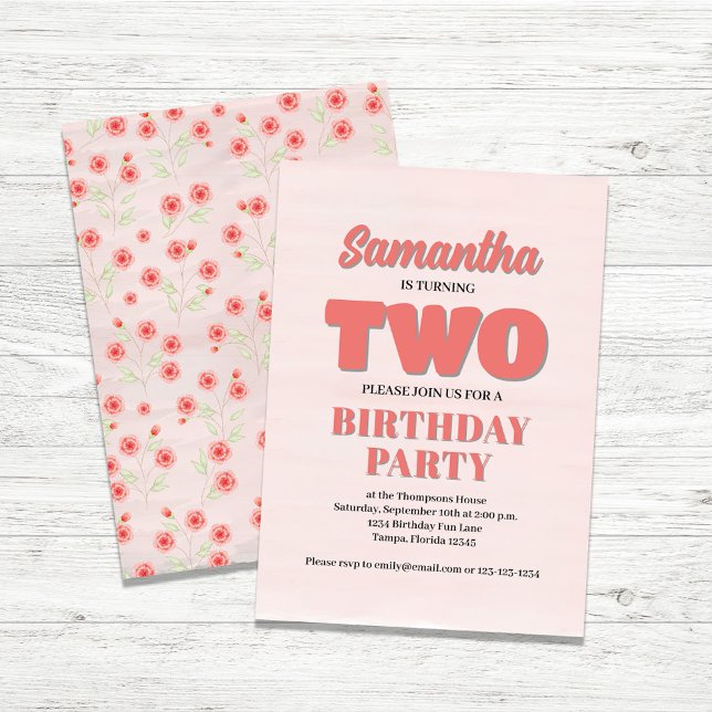 Pink Floral Second Birthday Girl Party Template (Girls second birthday party invitation.)
