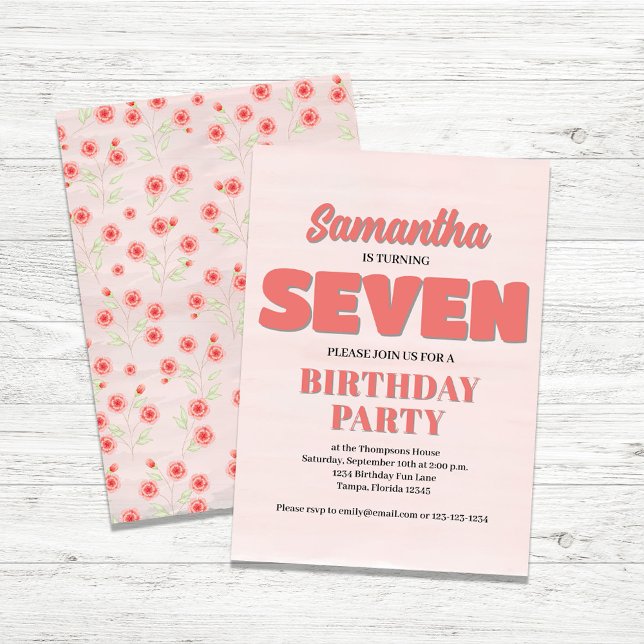 Pink Floral Seventh Birthday Girl Party Template (Girl's seventh birthday party invitations.)