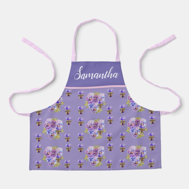 Pink Floral Shabby Purple Pansy Viola Kids Girls Apron (Front)