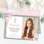 Pink Floral Silver First Holy Communion Photo Thank You Card<br><div class="desc">Pink Floral Silver First Holy Communion Photo Thank you Card</div>