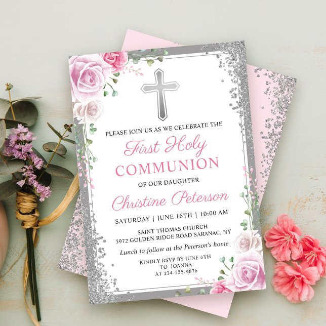 Pink Floral Silver Glitter First Holy Communion Invitation (Creator Uploaded)