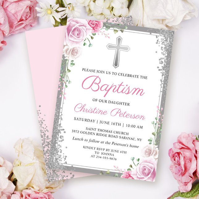 Pink Floral Silver Glitter Girl Baptism Invitation (Creator Uploaded)