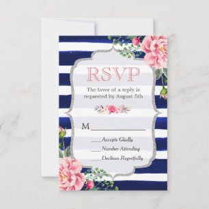 Pink Floral Silver Glitter Navy Blue Stripes RSVP Card