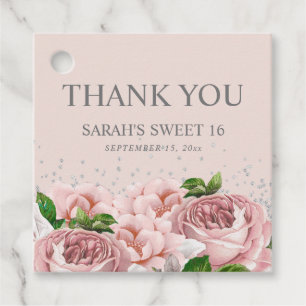 Pink Floral Silver Glitter Sweet 16 Thank You Favour Tags