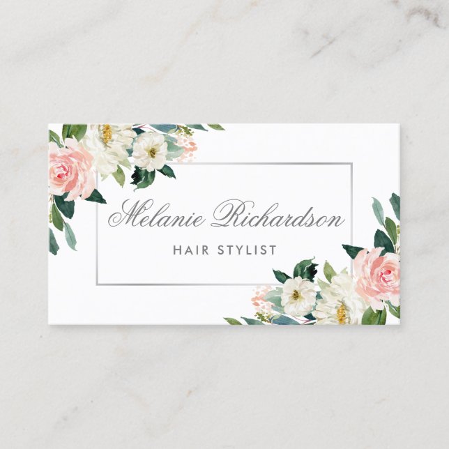 Pink Floral Silver Hair Stylist Appointment Card (Front)