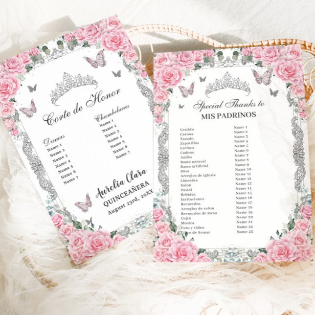 Pink Floral Silver Quinceañera Mis Padrinos Card (pink roses floral silver butterflies quinceanera mis padrinos corte de honor list cards printed)