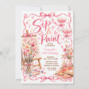 Pink Floral Sip & Paint 30th Adult Woman Birthday Invitation