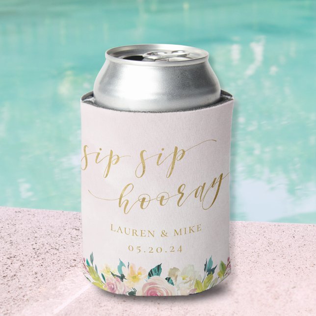 Pink Floral Sip Sip Hooray Bridal Shower Wedding Can Cooler (Creator Uploaded)