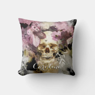 Pink Floral Skull Cushion