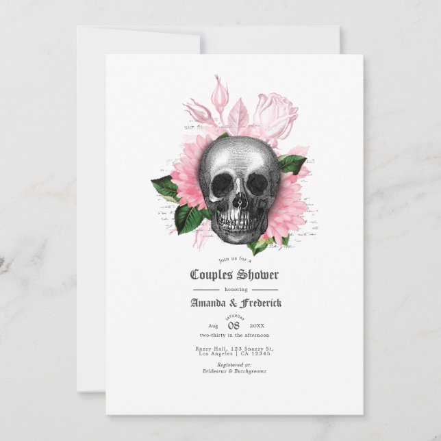 Pink Floral Skull Gothic Couples Shower Invitation (Front)