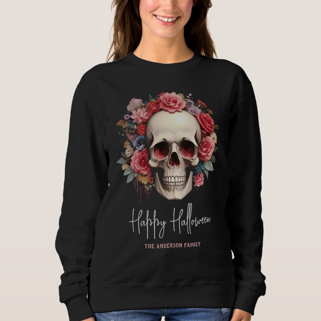 Pink Floral Skull Halloween Sweatshirt (Front)